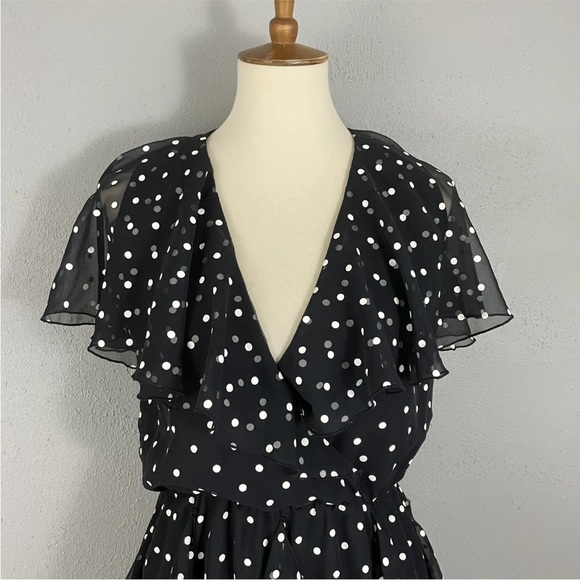 Vtg Pat Richards Michael Maiello Black Polka Dot Dress 10 Ruffle Party Sheer Slv - Picture 3 of 7